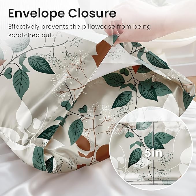 EXQ Home Satin Pillowcase for Hair and Skin - Printed Green Leaves Silk Pillowcase 2 Pack 20x26 inches - Standard Satin Pillow Cases with Envelope Closure, Gifts for Women Men