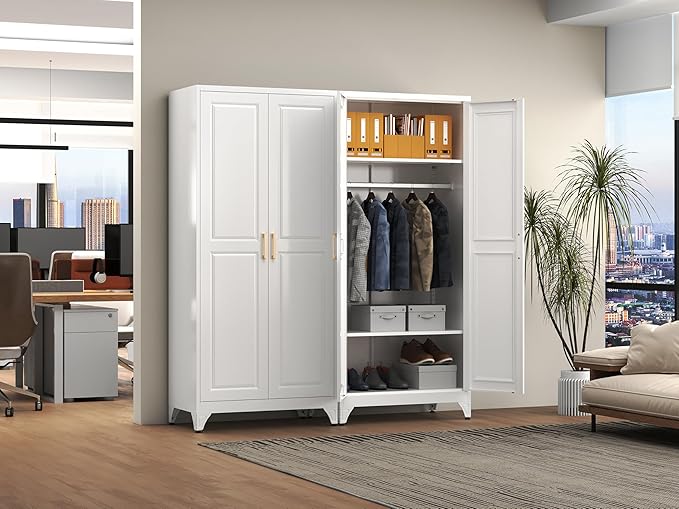Polup Metal Armoire Wardrobe Closet with Doors and Shelves, 71" Tall Freestanding Wardrobe Cabinet for Hanging Clothes, Large Closet with Hanging Rod for Bedroom, Office, School, Employee, Gym, White