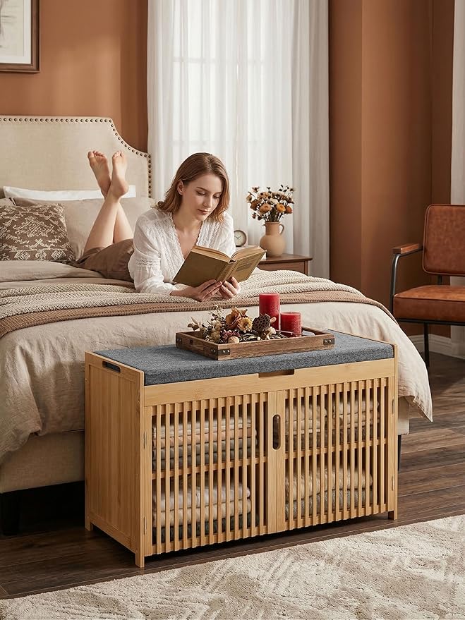 WISUCART Shoe Storage Bench with Cushion Seat, Bamboo Entryway Shoe Rack Bench, 2-Tier Shoe Organizer for Entryway, Bedroom, Hallway, Living Room, Holds Up to 330 lbs, Nature