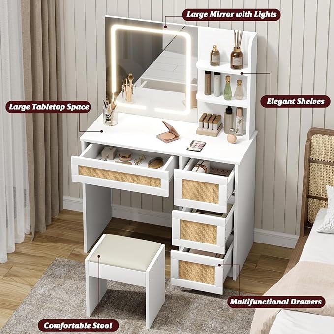 GarveeHome Rattan Vanity with Mirror, Makeup Vanity Desk with Adjustable LED Light, Large Storage Space and4 Drawers, 2 Tiers of Open Shelves for Bedroom in White & Natural