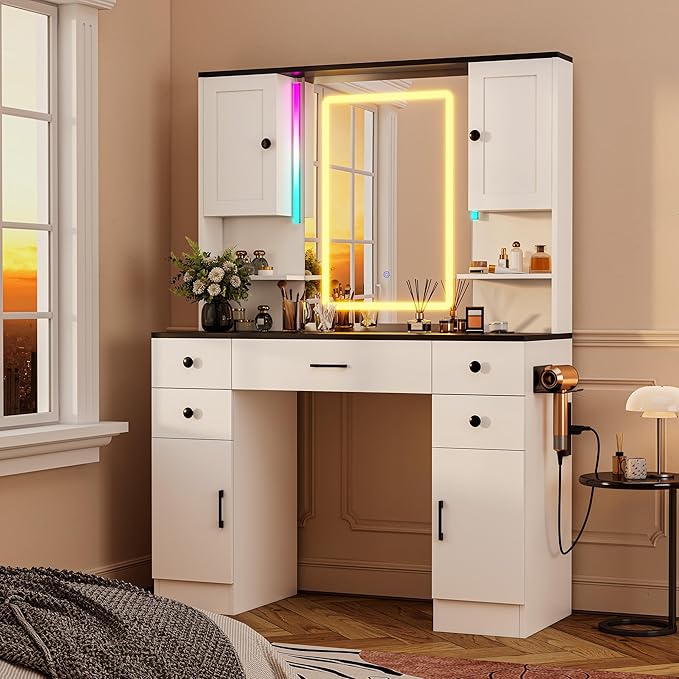 KAMABOKO Vanity Desk with Mirror and Lights, Makeup Vanity Table with Drawers & Shelves, Power Outlet, Dressing Table with Jewelry Storage for Bedroom (051 Black)