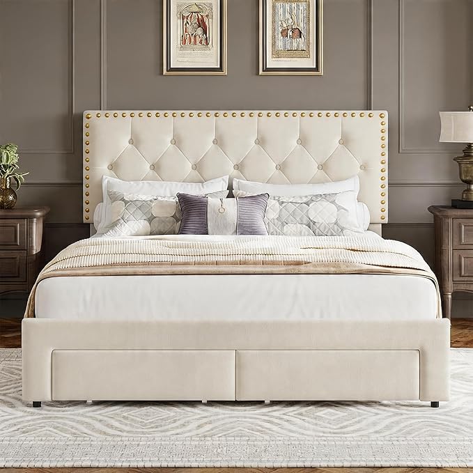 Garvee Full Size Bed Frame with 2 Storage Drawers, Vintage Velvet Headboard Bedframe with upholstered Platform, Wooden Slat Support, Noise Free, No Box Spring Needed, Beige