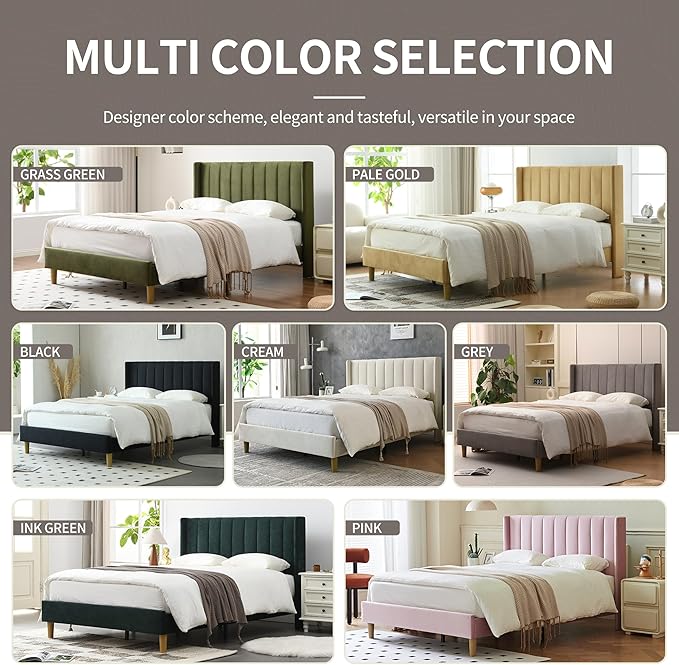 YUHUASHI upholstered Platform Bed Frame/Queen Bed Frame/Modern Geometric Double-Wing Design headboard/Velvet Fabric/Easy to Assemble no Noise (Grass Green, Queen (U.S. Standard))