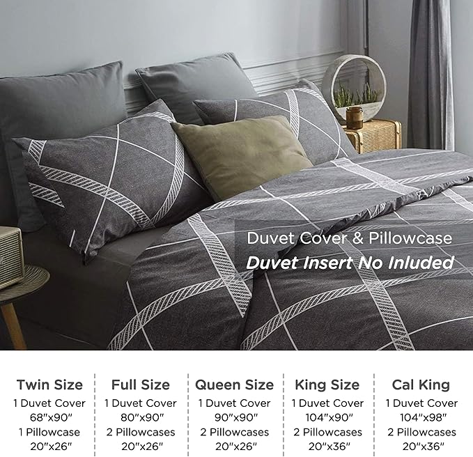 TOCOMOA Plaid Duvet Cover Set 100% Natural Cotton Soft Comfy Breathable 3 Piece Grey and White Striped Pattern Printed Comforter Cover Bedding Set (King 104"x90", Comforter Not Included)