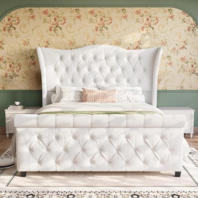 koorlian Queen Bed Frame,Chenille Upholstered Sleigh Bed with Scroll Wingback Headboard & Footboard,Luxury & Soft Button Tufted Queen Size Modern Bed,Easy Assembly,No Box Spring Needed