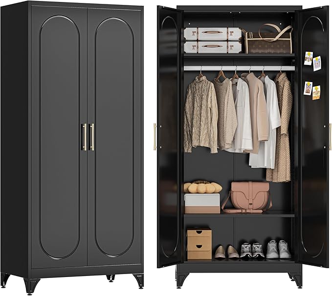 Metal Wardrobe Cabinets,Black Armoire Wardrobe Closet with Hanging Rod,Clothes Storage Cabinet with Adjustable Shelves and Doors,Clothing Cabinet for Bedroom, Office, Laundry Room