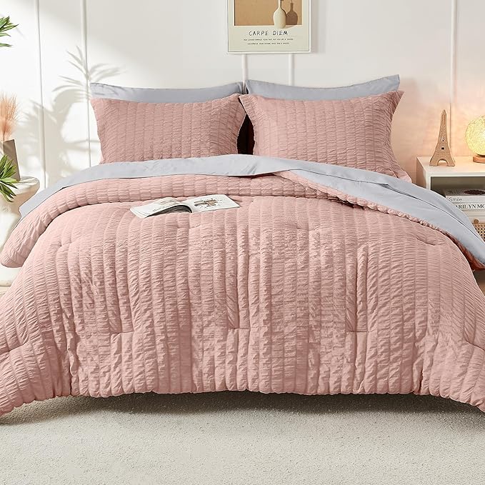 HYMOKEGE Rose Gold/Light Grey King Size Comforter Set Seersucker 7 Pieces, All Season Luxury Bed in a Bag for Bedroom, Bedding Set with Comforter, Sheets, Pillowcases & Shams