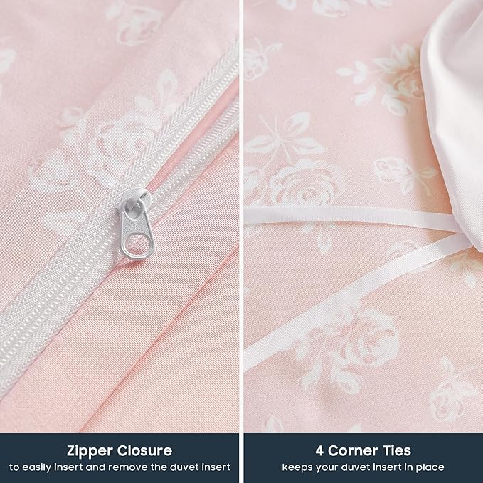 Wake In Cloud - Coquette Duvet Cover Set, Floral Cottagecore Flower Shabby Chic Cute Aesthetic, Soft Lightweight Bedding for Women Teen Girls, 3-Piece, Light Pink, Twin/Twin XL Size
