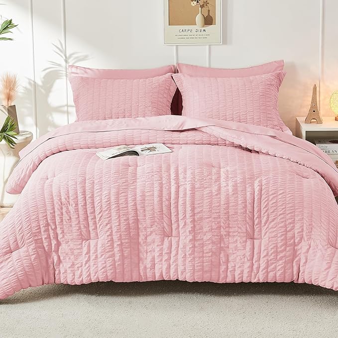 HYMOKEGE Pink King Size Comforter Set Seersucker 7 Pieces, All Season Luxury Bed in a Bag for Bedroom, Bedding Set with Comforters, Sheets, Pillowcases & Shams