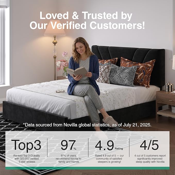 Novilla Full Size Bed Frame with Headboard, Full Size Bed Frame with Drawers, Full Bed Frame with LED Lights, Charging Station and Adjustable Headboard, No Box Spring Needed, Black Velvet