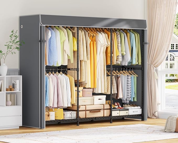 ULIFHOME E14C Pro Heavy Duty Closet Organizer System,Freestanding Clothing Racks for Hanging Clothes,Adjustable Garment Rack 70.1"W × 16.6"D × 76.4"H Hold 960 lbs,Black Rack with Grey Dustproof Cover