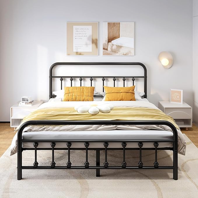 Vengarus 14-Inch King Bed Frame – Classic Metal Platform with Headboard and Footboard,Under Bed Storage, Mattress Foundation, No Box Spring Needed,Black