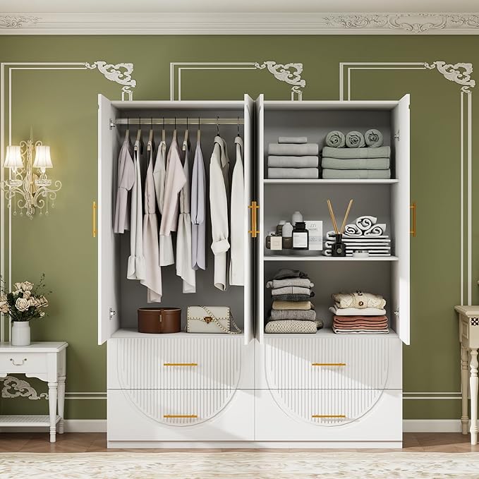 Wardrobe Armoire Closet with 4 Door Shelves 4 Drawers and Hanging Rod Wooden Storage Cabinet for Bedroom White Tall Armoire Wardrobe