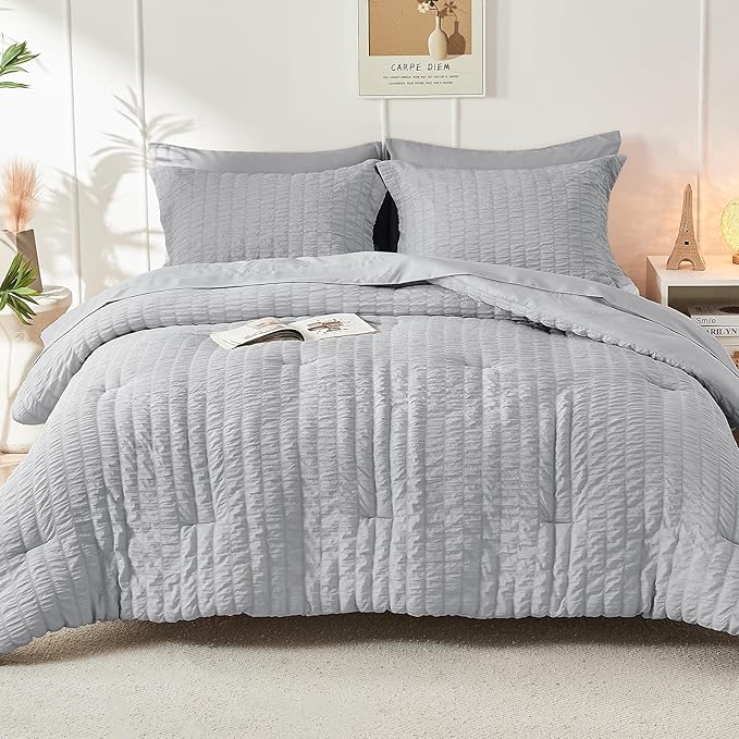 HYMOKEGE Light Grey Oversized King Comforter Set Seersucker 7 Pieces, All Season Luxury Bed in a Bag for Bedroom, Bedding Set with Comforter, Sheets, Pillowcases & Shams