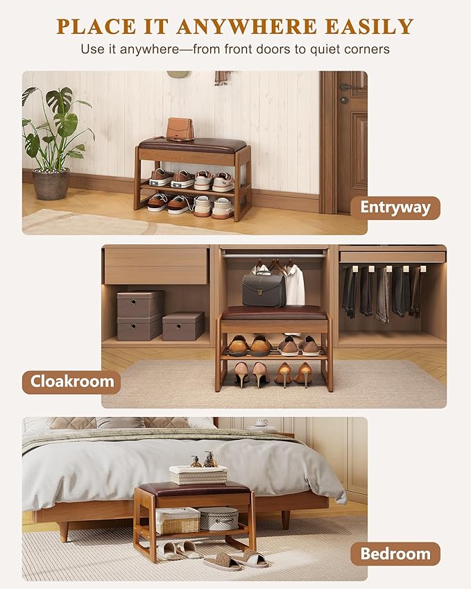 Shoe Rack Bench with Hidden Storage, 2-Tier Solid Rubberwood Entryway Bench with Soft Leather Cushioned Seat & Flip-Top Storage, 330lbs Capacity, Wooden Shoe Organizer for Hallway, Closet, Foyer