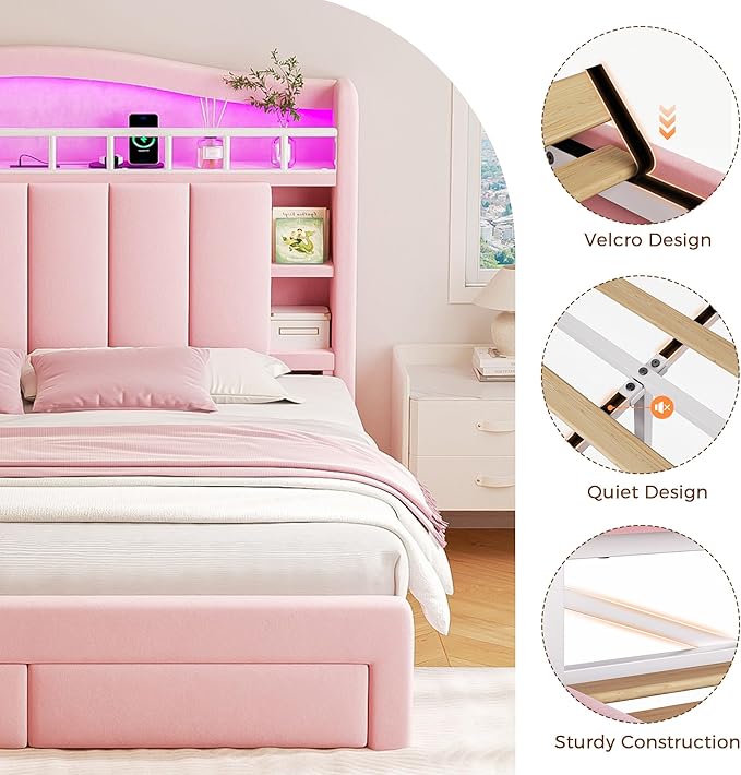 Queen LED Bed Frame with Storage Headboard & 2 Storage Drawers, Princess Velvet Upholstered Bed with Vertical Tufted Headboard Design for Girls, USB & Type-C Charging Ports, Wooden Slats Support, Pink