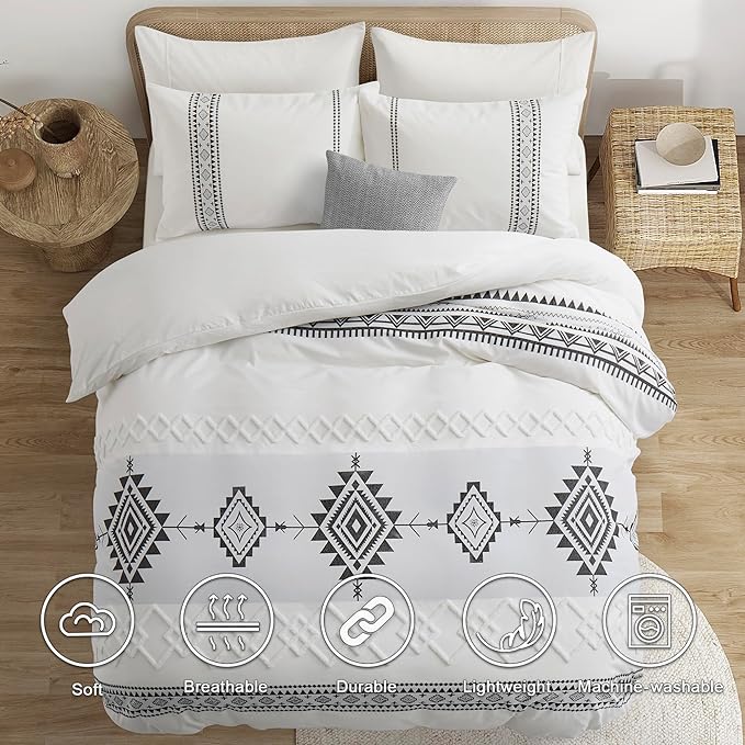 Oli Anderson Boho Duvet Cover Set King Size, Black and White Color Clash 3 PCS Microfiber Bedding Set, Durable and Super Soft Duvet Covers with Zipper and Ties, 104"*90"