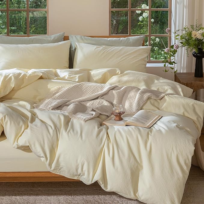 MooMee Bedding Duvet Cover Set 100% Washed Cotton Linen Like Textured Breathable Durable Soft Comfy (Solid Cream, Queen 90"x90")