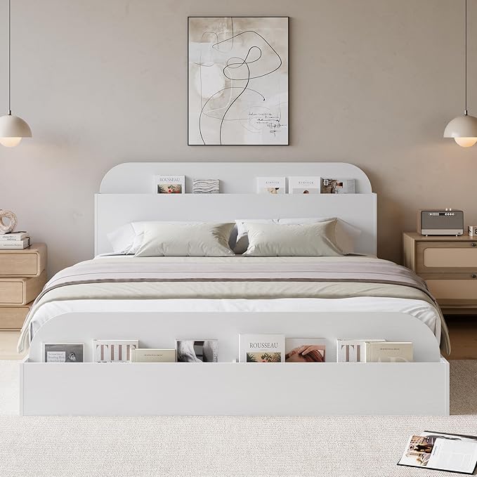 Garvee Full Size Bed Frame with Storage Headboard and Raised Footboard – Wooden Full-Floor Low Platform Bed for Bedroom, Heavy Duty & Noise Free, No Box Spring Needed, White