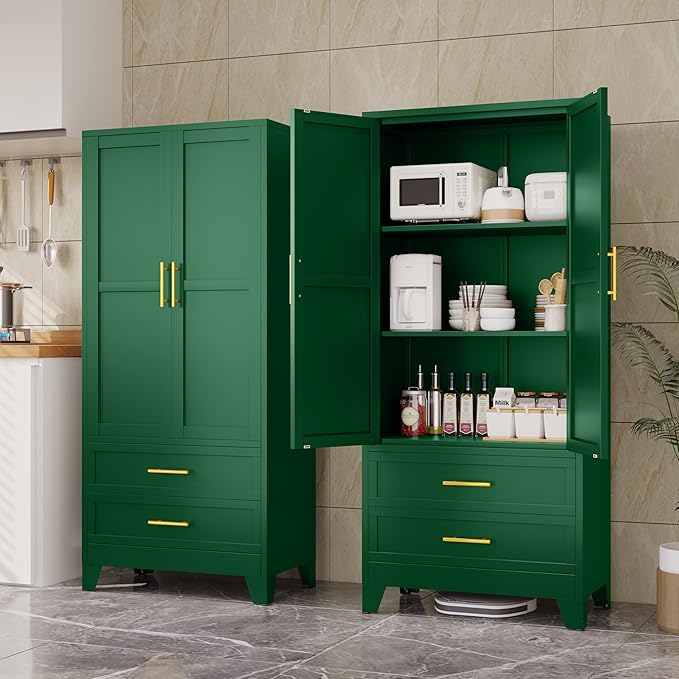 erosoei 71" H Metal Pantry Storage Cabinet,Office File Cabinets with 2 Drawers and Shelves, Kitchen Cupboard Storage Cabinet for Bedroom and Dinning Room(Green)