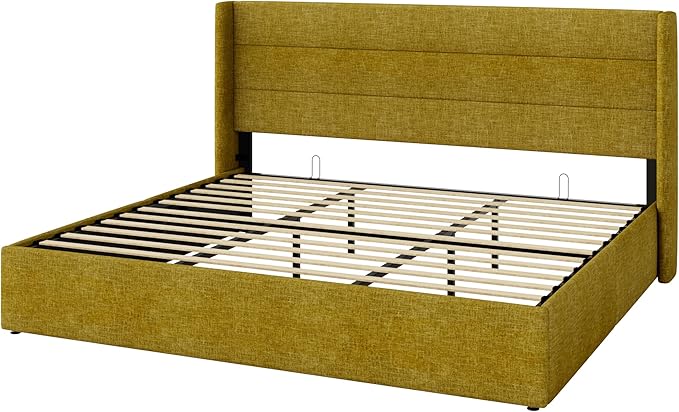SHA CERLIN King Size Lift Up Storage Bed/Modern Wingback Headboard/Upholstered Platform Bed Frame/Hydraulic Storage/No Box Spring Needed/Wood Slats Support/Olive Yellow