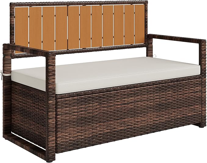 Outdoor Storage Bench with Cushion, 2-Person All-Weather PE Rattan Patio Bench with Backrest & Armrests, Waterproof Wicker Deck Box Seat for Garden, Porch, Poolside & Backyard, Metal Frame,Brown