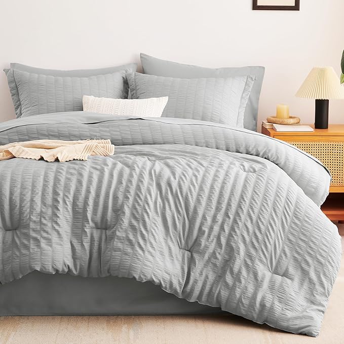 CozyLux King Size Comforter Set Light Grey Seersucker 7 Pieces Bed in a Bag King Comforter Set with Sheets, Light Gray Luxury Bedding Sets with Down Alternative Comforter, Sheets, Pillowcases & Shams