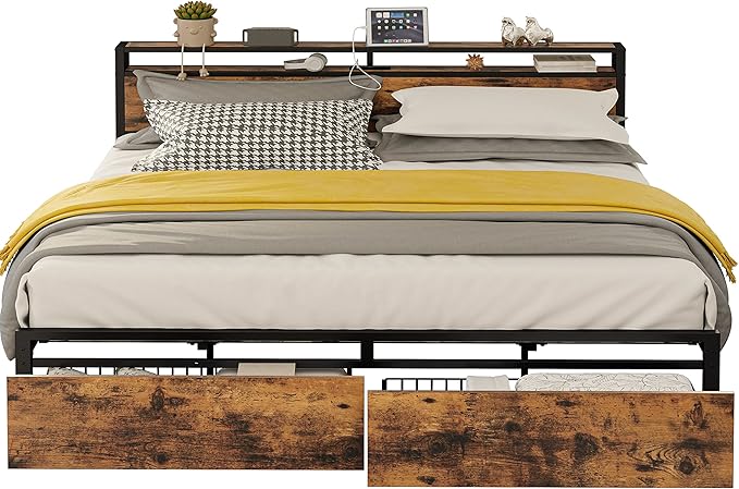 LIKIMIO King Bed Frame with Storage Headboard, Platform Bed with Drawers and Charging Station, No Box Spring Needed, Easy Assembly, Vintage Brown