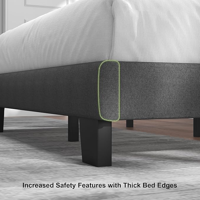 Feonase Queen Platform Bed Frame, Fabric Upholstered Queen Bed Frame, Solid Wood Slats & Heavy Duty Feet Support, No Box Spring Needed, Noise-Free, Easy Assembly, Dark Grey