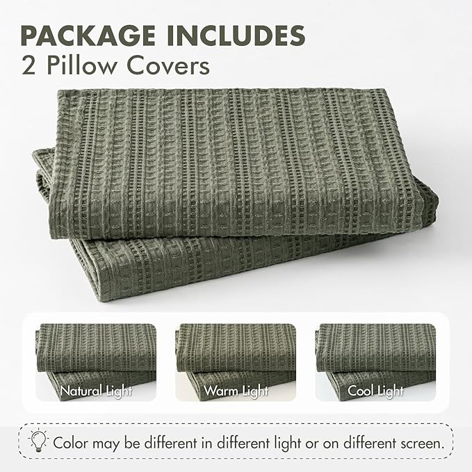 Set of 2 Decorative 100% Cotton Waffle Throw Pillow Covers 20x20, Neutral Euro Shams Weave European Cushion Cases for Couch Sofa Bed Modern Farmhouse Home Decor, Olive Green