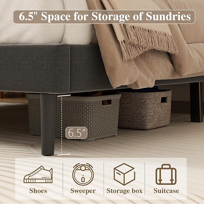 CXVX Full Size Bed Frame with Diamond Tufted Headboard, Linen Upholstered Platform Bed and Wooden Slat Support, Noise-Free, No Box Spring Needed, Easy Assembly, Dark Grey