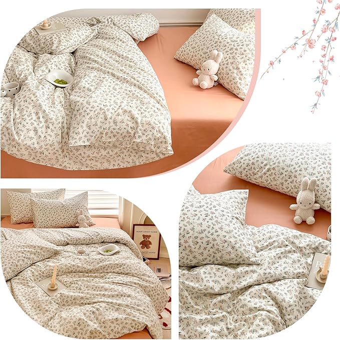 mixinni Boho Floral Girls Duvet Cover Set Twin XL Size Soft Cotton Comforter Cover Set Farmhouse Shabby Chic Flower Duver Cover for Women, 1 Cute Floral Duver Cover and 2 Pillowcases for All Seasons