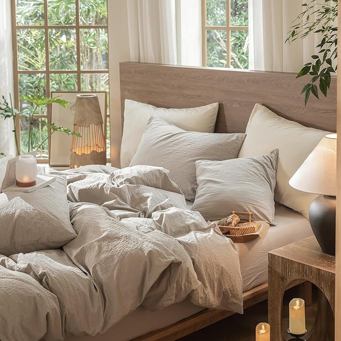 MooMee Wavy Striped Duvet Cover Set 100% Washed Cotton Linen Like Textured Breathable Durable Soft Comfy (Beige, Super Queen 90"x98")