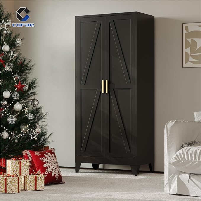COFaR 71'' Metal Armoire Wardrobe Closet, Steel Wardrobe Cabinet with Adjustable Hanging Rod and Shelves, 2 Doors Farmhouse Closet Storage for Bedroom Garage Laundry, Black Roperos para Guardar Ropa