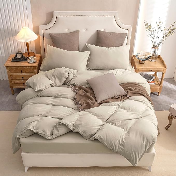 PURE ERA Jersey Knit Duvet Cover Set 100% T-Shirt Cotton Super Soft Comfy 3pc Bedding Set with Zipper Closure (Solid Dark Beige, Queen)