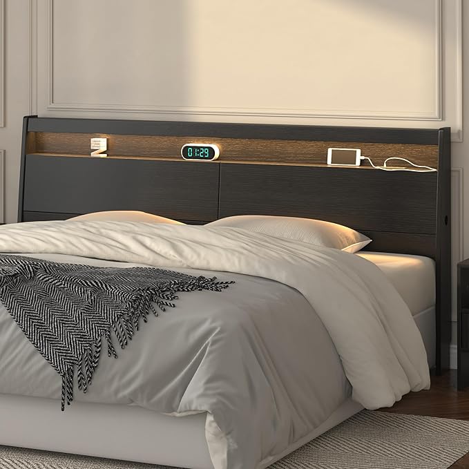 Wall Mount Wooden Headboard Only with Storage, Skirting Groove for Enhanced Stability, Built-in Power Outlet, 2 USB Ports & LED Light - Sturdy Stable Bed Backboard (Black, King (U.S. Standard))