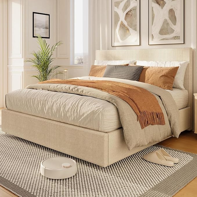 IDEALHOUSE Full Size Bed Frame with Tufted Wingback Headboard, Platform Corduroy Upholstered Bed Frame with 4 Storage Drawers and Wooden Slats Support, No Box Spring Needed, Beige