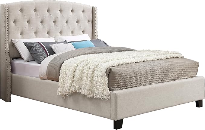 Roundhill Furniture Nantarre Fabric Tufted Wingback Upholstered Bed with Nailhead Trim, Queen, Tan