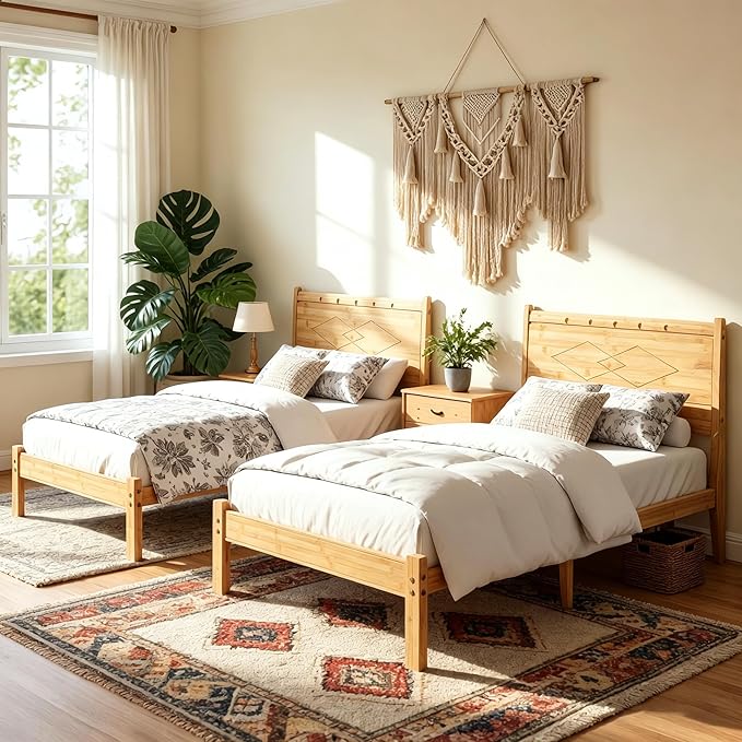 Askeld 14 inch Bamboo Twin Bed Frame with Headboard, Light Cottagecore Solid Wood Platform Bed with Heavy Duty Metal Slats, No Box Spring Needed, Easy Assembly, Noise Free