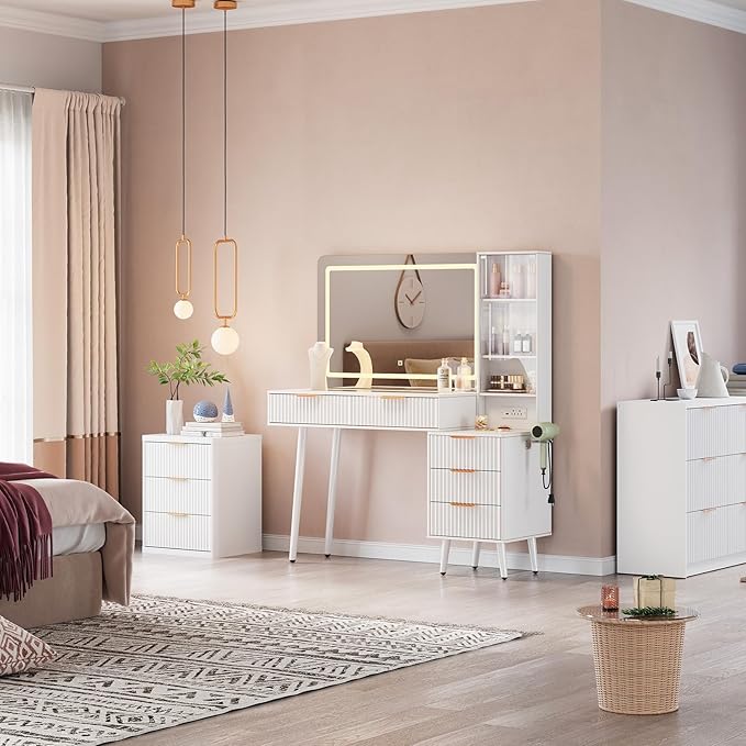 Garvee 48" Fluted Makeup Vanity Desk with Mirror and Lights, Glass Top Vanity Table with 5 Drawers, Open Shelf and Power Outlet, Modern Dressing Table for Bedroom and Living Room