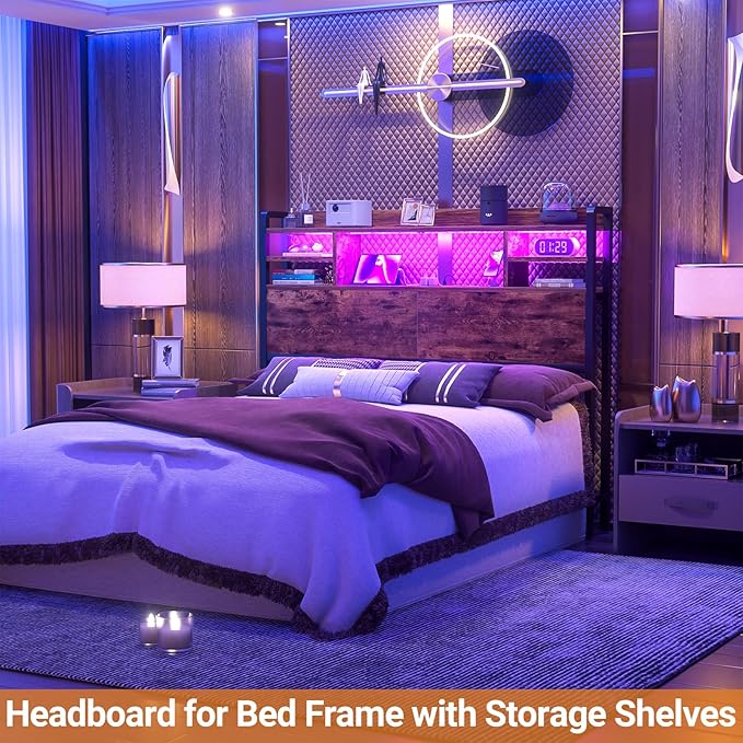 Aheaplus Headboard for Full Size Bed with Storage, Headboards with LED Light, Power Outlets, USB Ports Full Size Head Board, Wood headboard Only Sturdy and Stable Headboards, Modern, Rustic Brown