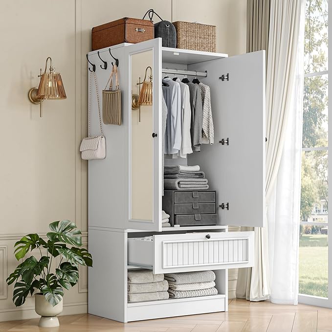 Einhomn 70" Armoire Wardrobe Closet with Doors & Mirror,Wooden Wardrobe with Drawers and 3 Side Hooks,Large Freestanding Bedroom Storage Wardrobe Cabinet,White