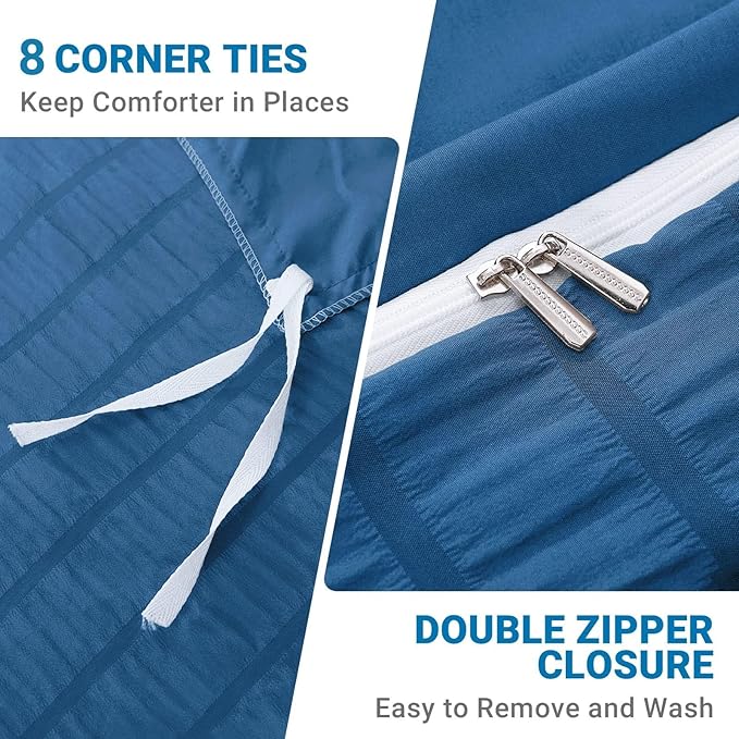 HYMOKEGE Teal Twin Size Duvet Cover, Ultra Soft 2-Piece Seersucker Duvet Cover Set with Zipper Closure, Soft Brushed Microfiber Bedding Set with 8 Corner Ties (68"x90", 1 Pillowshams)