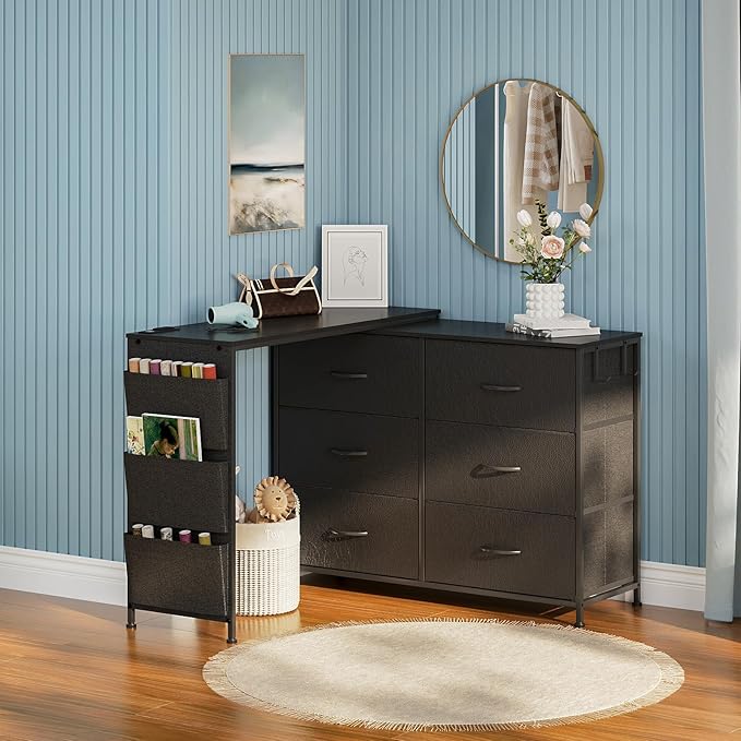 Simoretus Modern Corner Vanity Desk with 6 Fabric Drawers Power Outlet Side Pocket L Shaped Drawers Makeup Desk Dressing Table for Girls Women Bedroom (Black)