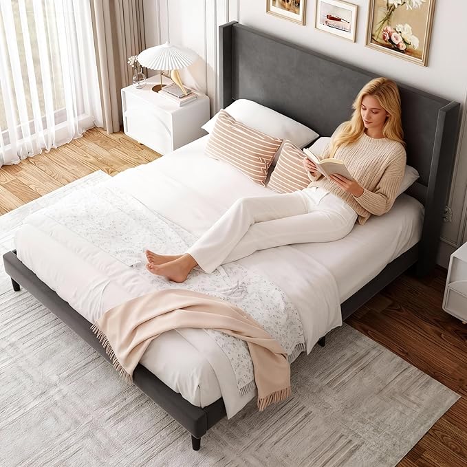 Sismplly Full Bed Frame with Wingback Headboard, Velvet Upholstered Platform Bed with Wooden Slats, 6.46“ Under Bed Storage, Metal Support, Noise Free, No Box Spring Needed, Gray