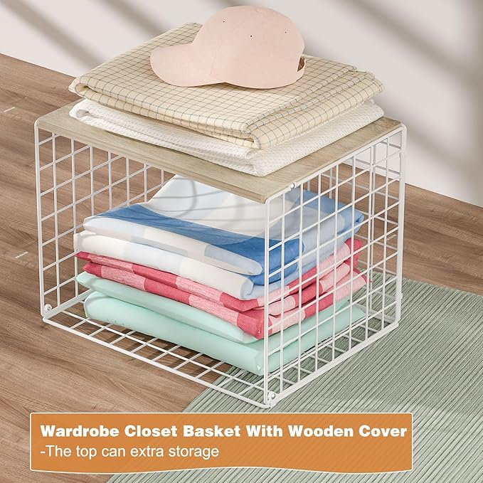 Extra-Long Closet Organizers and Storage with Top Board, 3 Pack Stackable Closet Shelf Organizer, Double Storage Design, Clothes Storage Cube/Bin/Basket for Wardrobe, Space-Saving, White,Sturdy,Metal