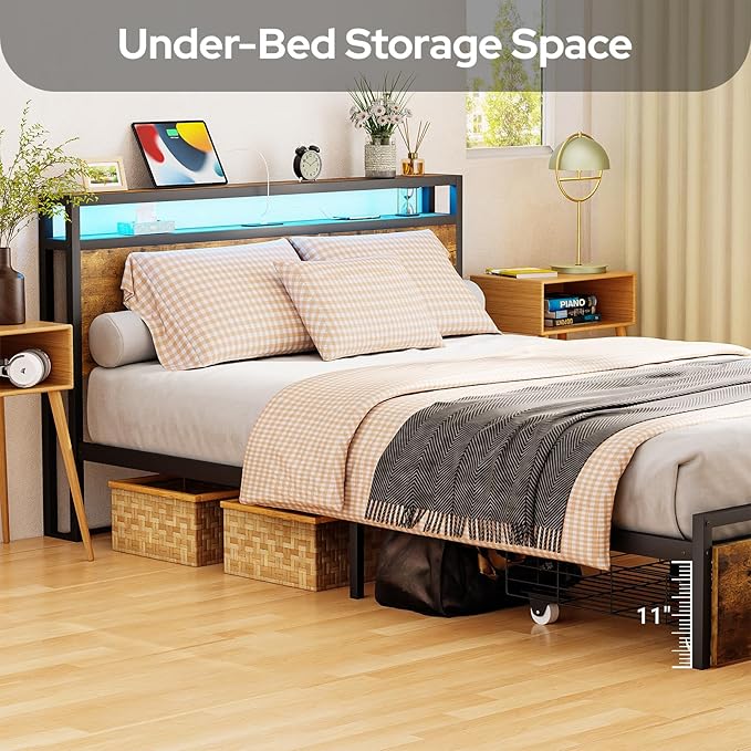 Zevemomo Full Bed Frame with Drawers, Bed Frame Full with LED Lights, Charging Station with 3 USB Ports & 1 Type-C Port, Full Platform Bed Frame with Headboard, No Noise, Rustic Brown