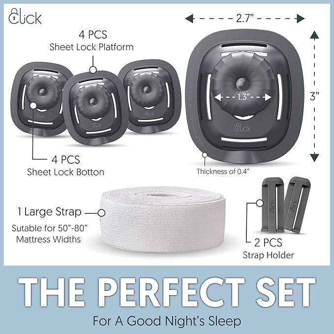 Click Bed Sheet Holder - No Lift Mattress Sheet Clips & Strap for Queen King Size Beds, Sheet Keepers to Keep Sheets on Bed, Heavy Duty Bedsheet Lock Fasteners to Hold Sheets in Place Firm & Tight