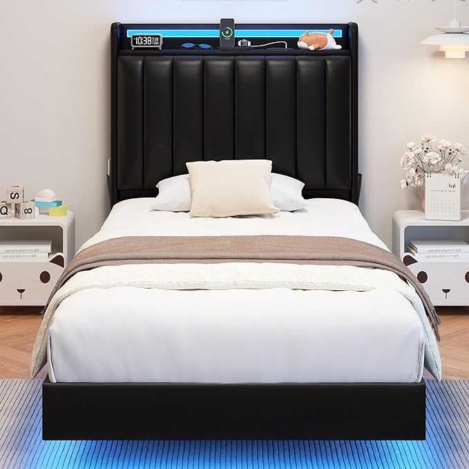Twin Size Floating Bed Frame with Ergonomic Hidden Storage Headboard and LED Light,Visual Floating Bed Frame with Charing Station,Leather Upholstered Platform Bed for Kids/Boys/Girls,Heavy Duty,Black