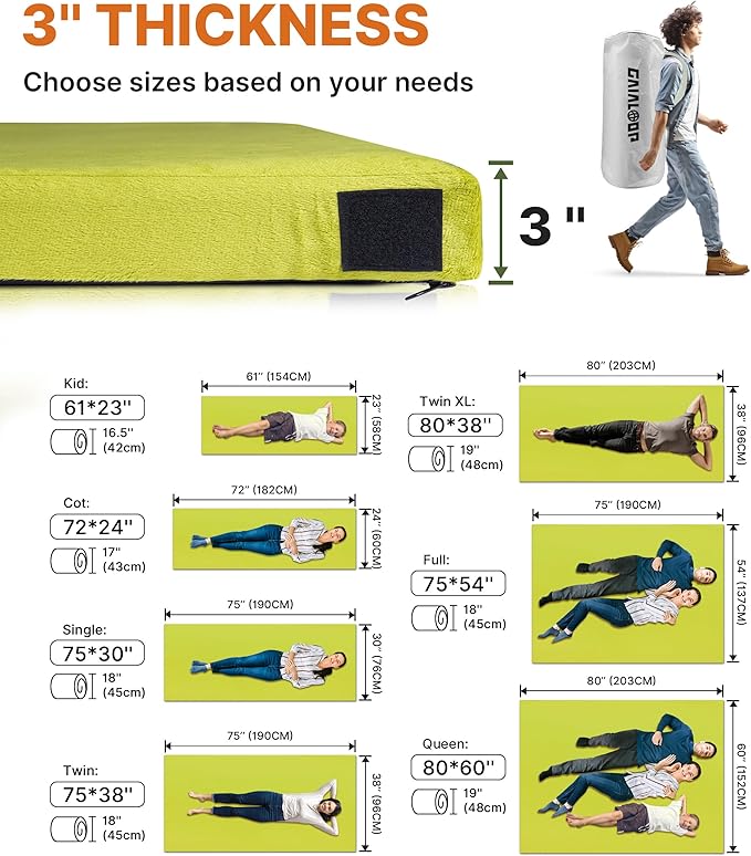 GAIALOOP 3 Inch Memory Foam Camping Mattress, Dual Layer Thick Sleeping Camp Pad for Car Tent Cot, Roll-Up Portable Glamping Floor Bed for Guests Sleepover